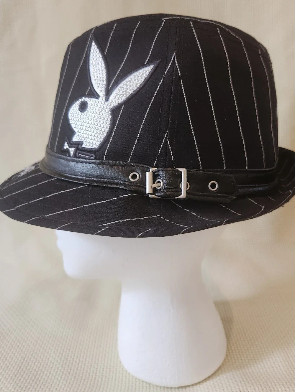 Vintage Y2K Playboy Bunny Pinstripe Fedora Hat Black Silver Metallic McBling S/M